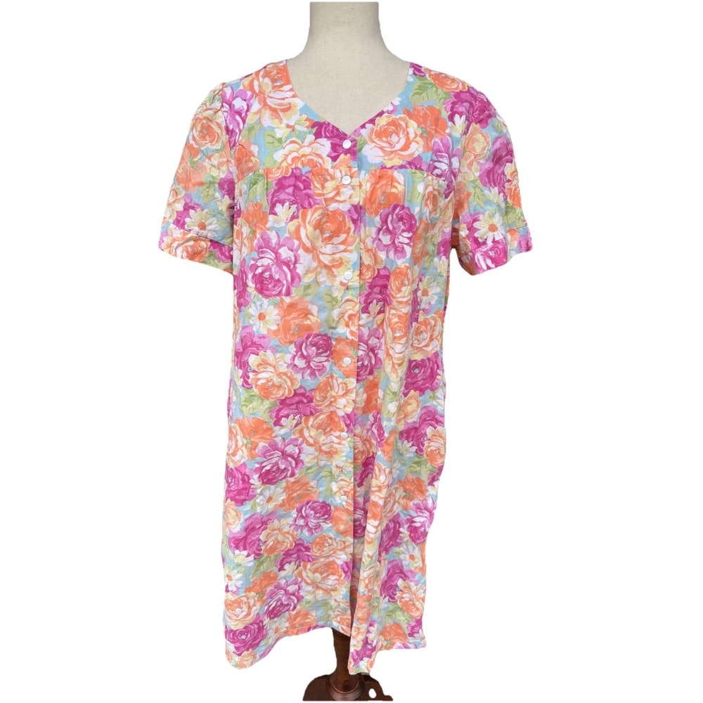 VTG Mumu House Robe Dress Pink‎ Patio Bright Kaftan Boho Button Pockets Medium